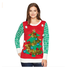 PK1847HX Frauen Weihnachtsbaum mit Jacquard-Ärmel Pullover Pullover